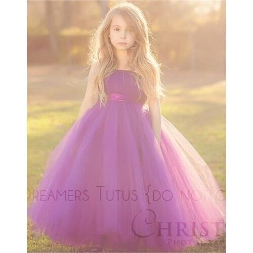 Beautiful Girls Purple Long Tutu Dress Kids Fluffy Tulle Wedding Flower Dress Ball Gown with Bow Waist Children Party Tutus 1Pcs