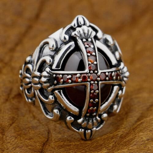 Goth Big Red CZ Cross 925 Sterling Silver Gothic Punk Rock Mens Ring 9D005