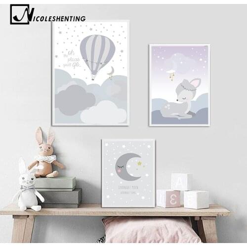Cartoon Moon Deer Nursery Wall Art Canvas Posters and Prints Cute Painting Nordic Kids Decoration Picture Baby Living Room Decor
