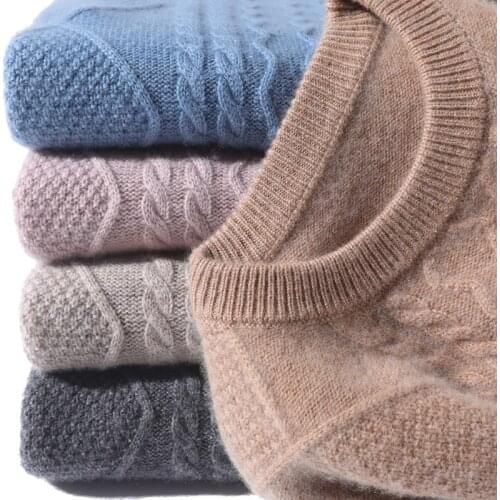 2021 New Pure Cashmere Sweater Mens Round Neck Pullover Fashion Wool Double-Strand Thick Twisted Wild Knitted Bottoming Shirt