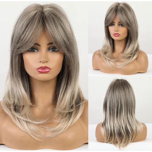 Ombre Grey Highlight Blonde Medium Wavy Synthetic Wig Hair Natural Cosplay Layered Wigs with Side Bangs for Women Heat Resistant