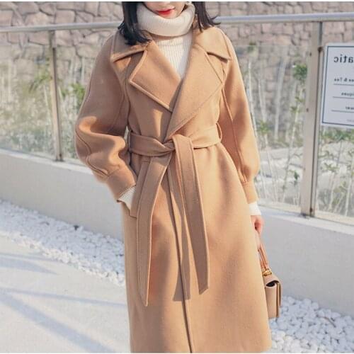 Autumn Winter Woolen Coat Female Woolen Coat Jackets Women Loose Warm with Belt Lantern Sleeve Ladies Overcoat