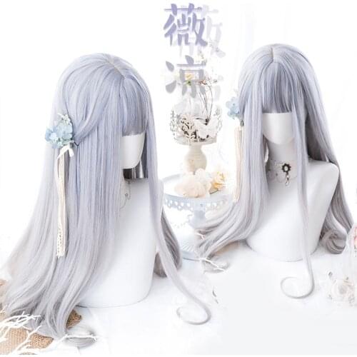 Harajuku Kawaii Lolita Wig Girl Sweet 65cm Long Curly Purple Mixed Grey Synthetic Hair Wigs Cosplay Costume Wigs +Wig Cap