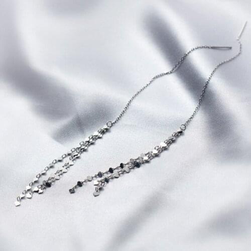 Real. 925 Sterling Silver Three rows Heart Chain Earrings Piercing Pull Through Wire Earrings Tassel long C-E5992