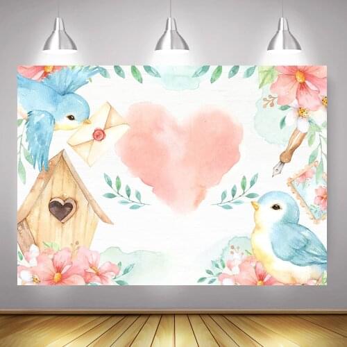Birds Theme Valentines Day Party Backdrop for Photography Pink Heart Writing Love Letter Background Wood House Watercolor Rose