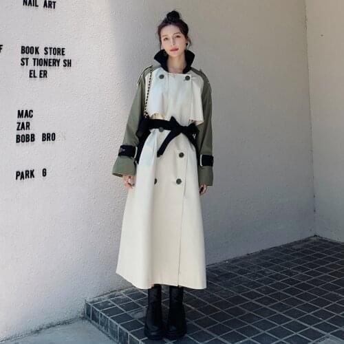 Contrast Stitching Trench Women New Korean Casual Loose Ladies Jacket Over Knee Spring Autumn Fashion Female Windbreaker Coat