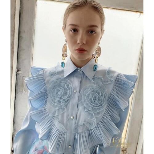 Spring and autumn 2021 design sense retro three-dimensional pleated lotus leaf edge long-sleeved shirt straight-sleeved top