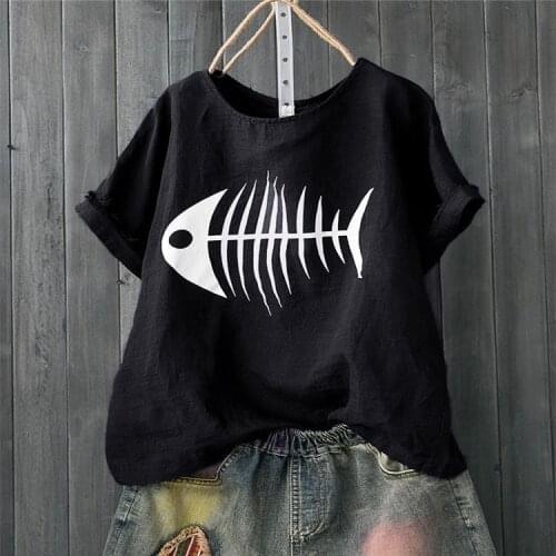 Women Casual T Shirt Fish Bone Print Loose Short Sleeve Funny Tops Tee s Femme Camisetas Verano Mujer 2021 Tshirt