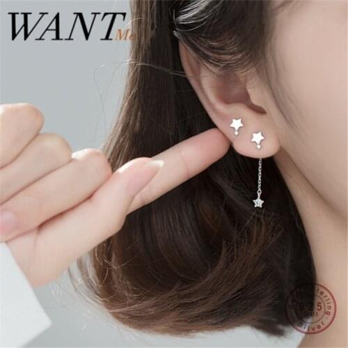 WANTME Genuine 925 Sterling Silver Pave Zircon Tassel Asymmetric Star Stud Earrings for Fashion Women Romantic Girl Jewelry Gift