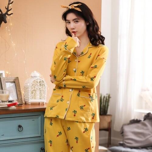 Women spring and autumn new long sleeve pants casual cotton lapel comfortable breathable wearable pajama sets women pajamas set
