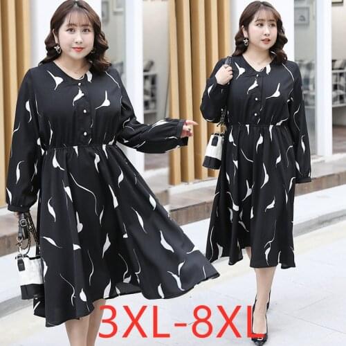 New 2021 spring autumn plus size dress for women large long sleeve loose print button pleated dresses black 4XL 5XL 6XL 7XL 8XL