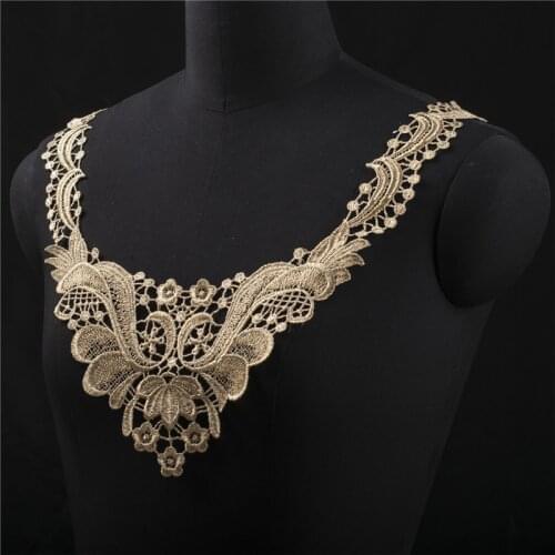 1Piece 35X 31cm Gold Polyester Floral Flower Motif Venise Lace Collar Trim Lady Dress Decor YL0075