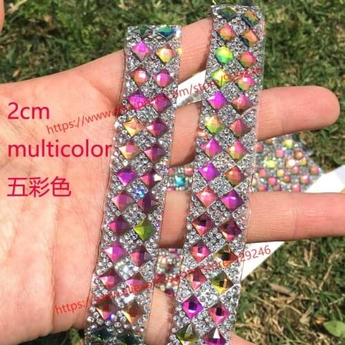 2 meters/pack colorful square glass crystal rhinestone chain hotfix 2cm stone trims for garment and dancing clothing decoration