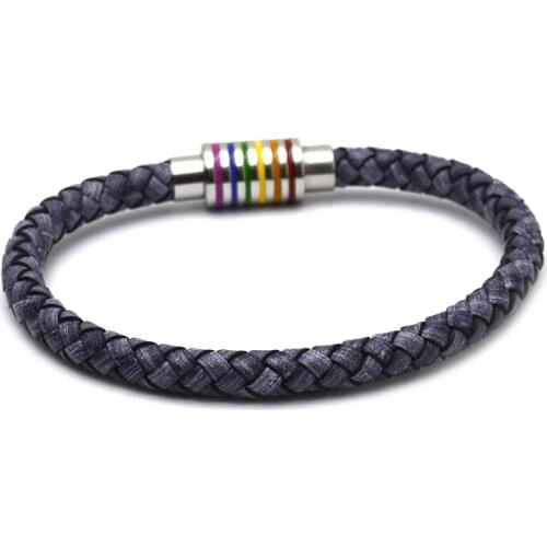5pcs/lot Black Brown Genuine Braided Leather Bracelet Women Men Stainless Steel Gay Pride Rainbow Magnetic Charms Bracelet Gift