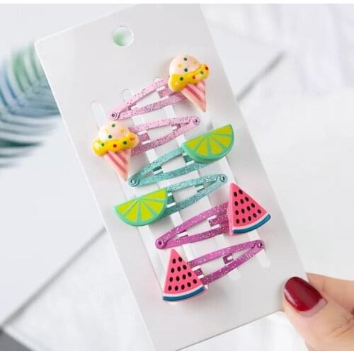 6Pcs/Set Fashion Fruit Girls Hair Clips Glittering Hairpins Hair Accessories Watermelon Ice Cream Resin Drop Barrettes Headwear