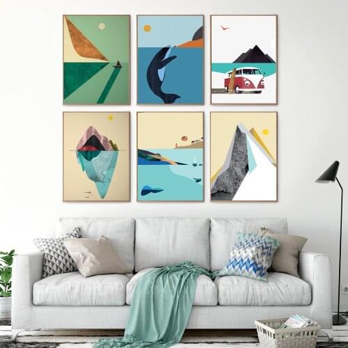 Abstract Geometric Sun Mountain Canvas Paintings Nordic Scandinavian Posters Prints Wall Art Pictures for Living Room Home Decor