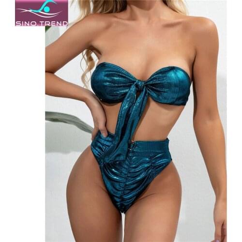 2021 New Shiny High Waist Bikini Set Female Knot Front Ruched Swimsuit Women Metallic Bandeau Swimwear Two-pieces Bather