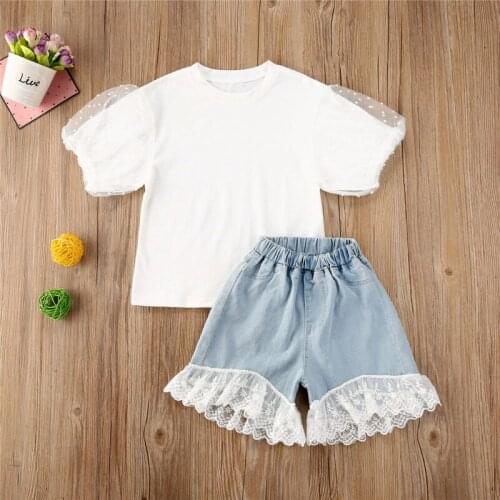 Brand Kid Girls 2-Piece Outfits Set Summer Puff Sleeve Short Sleeves Round Neck Loose Top T-shirt+Denim Lace Shorts Pants Set