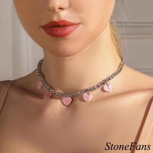 Stonefans Rhinestone Tennis Chain Pink Broken Heart Choker Necklace for Women Fashion Love Pendant Necklace Jewelry Girls Gifts
