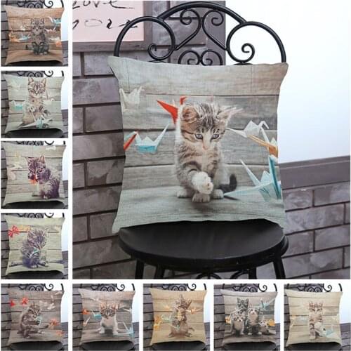 Cute kitty DragonLi Cat And Thousand Paper Crane Pattern Linen Cotton Throw Pillow Case Home Sofa Room Decoration Cushion Cover