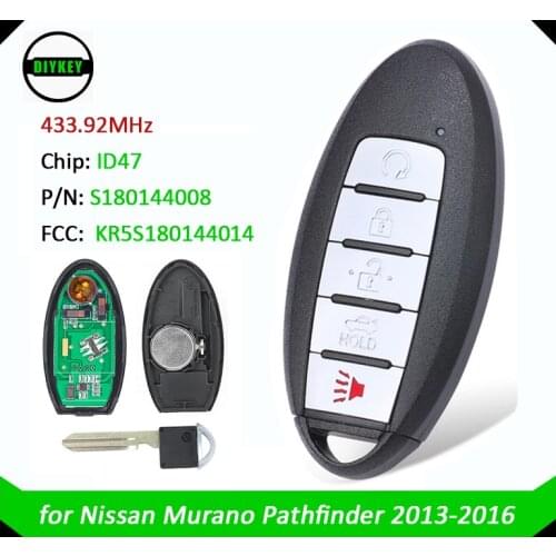 DIYKEY 433.92MHz ID47 Chip S180144008 Replacement Smart Remote Car Key Fob 5 Button for Nissan Murano 2013-14 Pathfinder 2013-16
