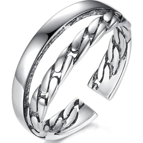 Chain Double Layer Vintage Punk Adjustable Thai Silver Color Ring For Women Mens Korean Trendy Simple Tibetan Jewelry S-R2207