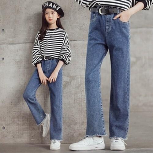 Spring Autumn Teen Girls Denim Pants Solid Color Kids Bottoms Clothes Childrens Jeans Fashion Streetwear Loose Pants 4-14Years