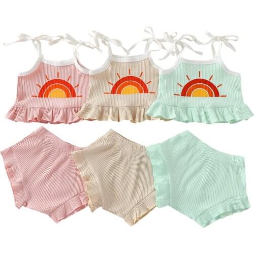 FOCUSNORM 0-4Y Summer Infant Baby Girls Clothes Sets Rainbow Printed Strap Sleeveless Vest Tops Shorts 2pcs