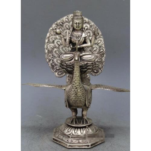 11" China silver carved Buddhism king Mahamayuri buddha Sculpture Statue