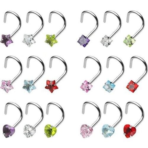 6pieces Assorted Colors Nose Screw Rings Piercing Bend Nostril Body Jewelry 20 Gauge