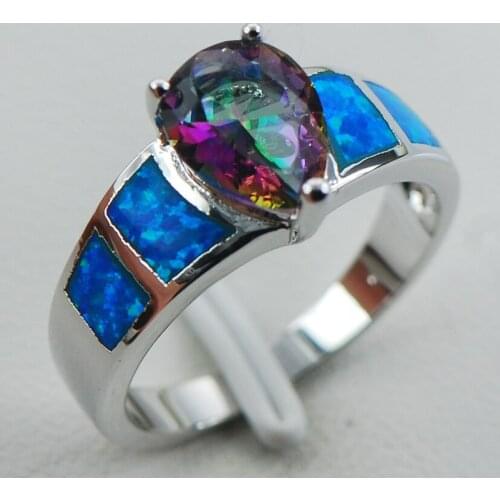 Rainbow Crystal Zircon Blue Opal 925 Sterling Silver Ring Size 6 7 8 9 10 R1276