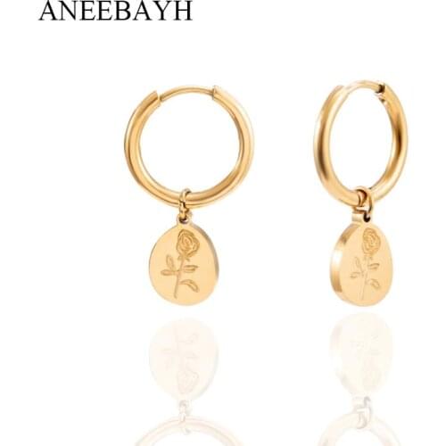 Fashion Rose Flower Pendant Earrings For Women Stainless Steel Irreguar Geometric Small Hoop Earrings Huggie Jewelry Party Gift