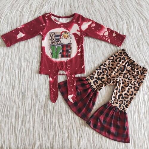 Toddler baby girls clothes new design Christmas clothes set milk silk girls long sleeve Leopard bell bottom outfit children set