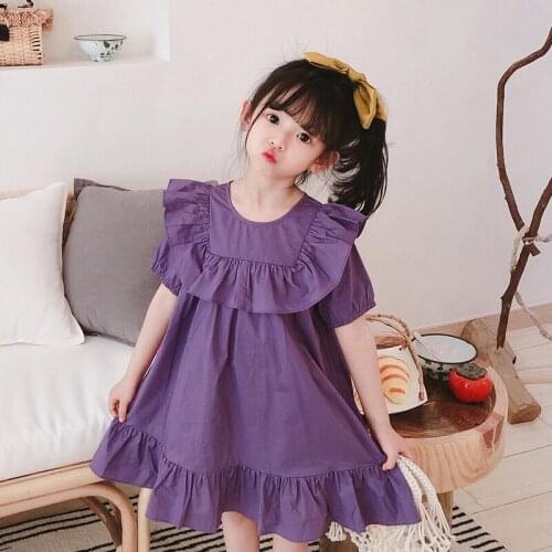 2020 New Girls Dress Summer Short Sleeve Loose Dress Big Ruffle Peter pan Collar Girls Dress Purple DT088