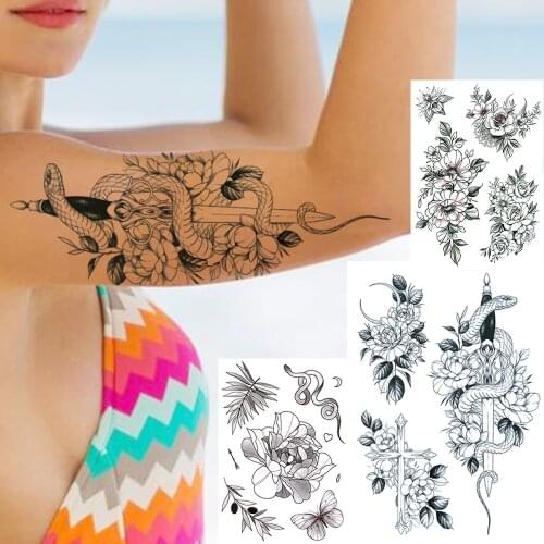 Realistic Snake Flower Temporary Tattoos For Women Girls Fake Cross Sword Moon Tattoo Sticker Black Rose Floral Tatoo Decal