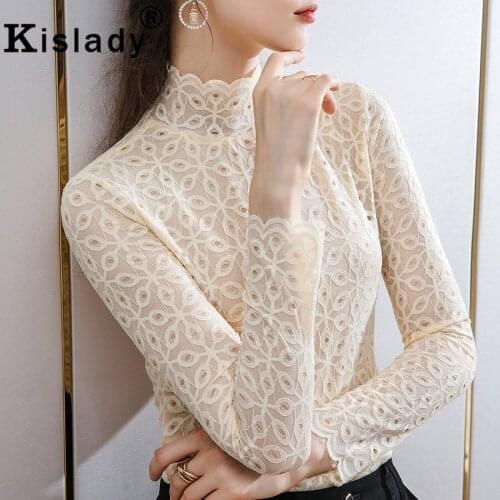 Kislady Sexy Lace Turtleneck Temperament Shirt New Autumn Tops Hollow Out OL Gothic Shirt Korean Harajuku Petal Sleeve Clothes