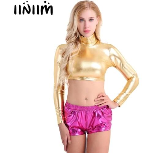 Sexy Hot Women Shiny Long Sleeve Mock Neck Turtleneck Crop Top Costume Cosplay Evening Clubwear Dancing Pole Party Clothing