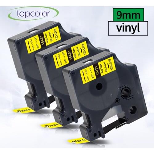 Topcolor 3PK 18431 Permanent Vinyl Label Tape Replace Dymo Rhino Label Maker 4200 4000 6000 Black on Yellow 9mm Industrial Tape