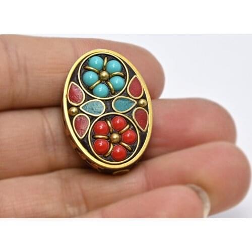 TZ-C03 Oval Antique Gold Retro Nepal Beads Red Coral Tibetan Metal Beads For Jewelry Making DIY Charm Bracelet Necklace