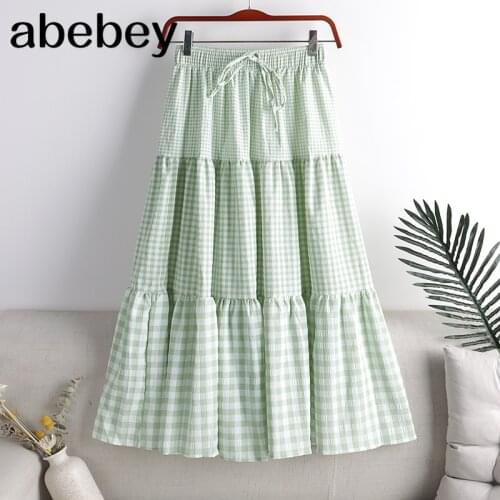 New 2021 Vintage Plaid Printed Tulle Pleated Mi-long Women Skirts High Waist Loose Female Umbrella Skirts Spring Summer