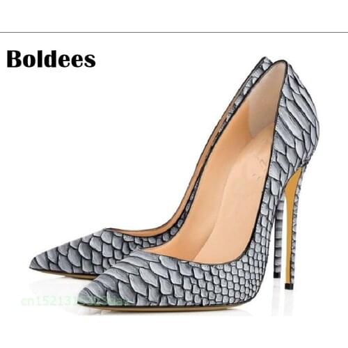 Women Pumps 2018 Pointed Toe Slip on Python Pattern Leather High Heels Ladies Fashion Thin Heel Zapatos Mujer Plus Size