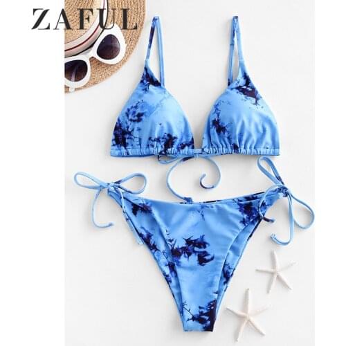 ZAFUL Women Tie Dye Padded String Bikini Swimsuit Wire Free Spaghetti Straps Triangle Bikini Removable Padded Tie Side Swimwear
