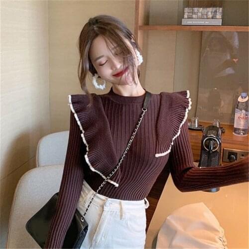 Women Knitted Sweater O-Neck Ruffled Slim Long-Sleeved Knitwear Top Female Autumn Winter New Elegant Wild Pullover Ropa De Mujer