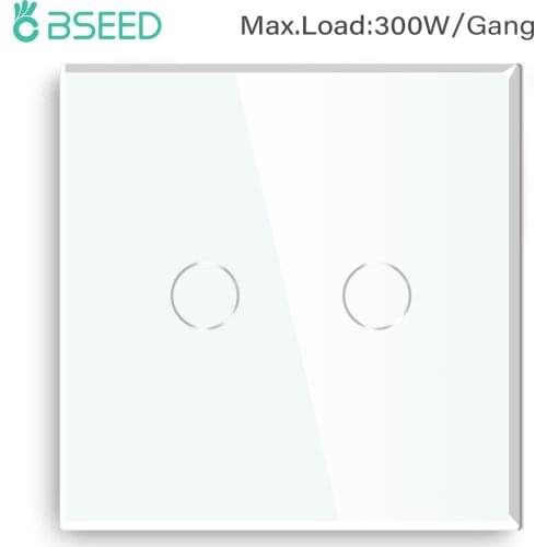 Bseed EU Standard 2 Gang 1 Way Touch Switch 300W Black White Golden Home Light Switch Single Live Line With Crystal Glass Panel