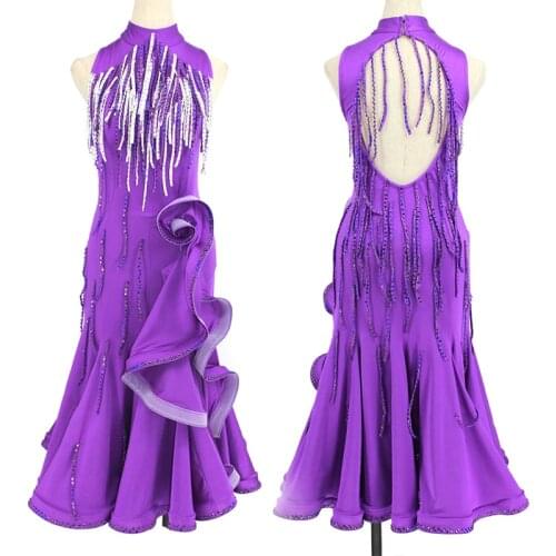 2021 Latin Dance Costume Women Latin Competition Dress Crystal Fringe Ruffled Skirt Party Dance Wear Purple Prom Dress BL5400