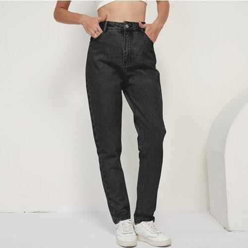 2021 Fashion 100% Cotton Mom Jeans Women High Quality Waist Solid Pockets Cowboy Pants Zipper Fly Long Denim Pencil Trousers