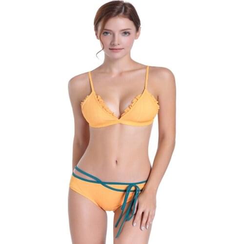 European and American foreign trade pearl stripe ruffled bikini fashion sexy quick-drying gather solid color swimwear