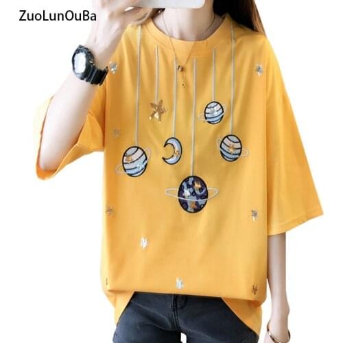ZuoLunOuBa Summer Loose New Women T Shirt Short-Sleeved Tees Embroidery Harajuku Dream Sequins Planet Moon Fashion Tops M-XXL
