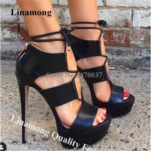 Linamong Elegant Fashion Peep Toe High Platform Stiletto Heel Gladiator Sandals Lace-up Black Leather Cut-out High Heel Sandals
