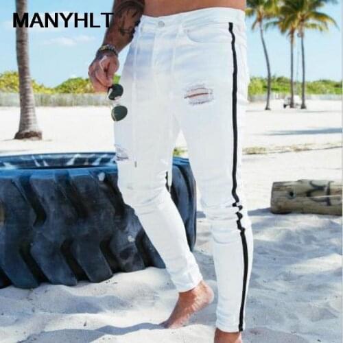 European And American Mens Clothing New Slim Jeans Solid Color Trousers With Holes In The Knees Fashion Casual Pants Foot Pants